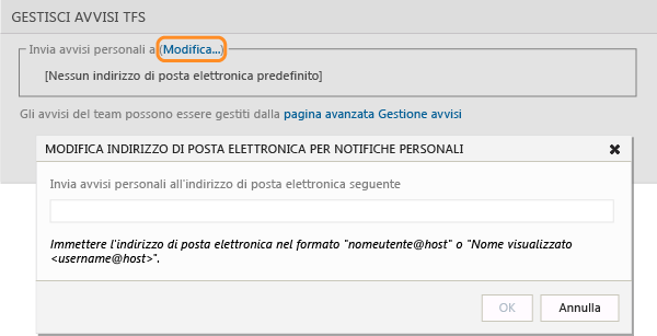 Impostare l'indirizzo di posta elettronica per gli avvisi