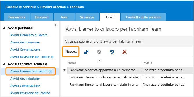 Collegamento Avvisi degli elementi di lavoro nella pagina amministrazione Avvisi