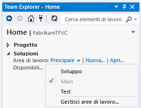 Scambiare aree di lavoro dalla home page di Team Explorer