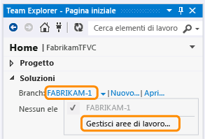 Gestire aree di lavoro da Team Explorer