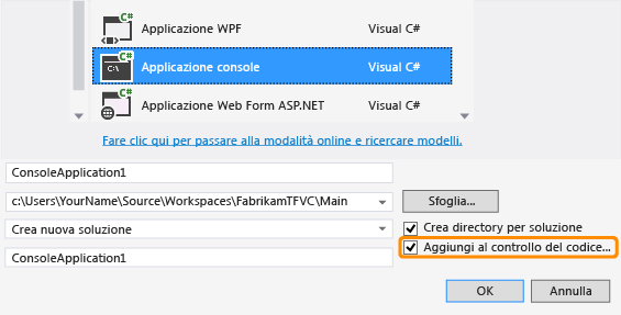 Creazione di un progetto di codice con il controllo della versione TFVC