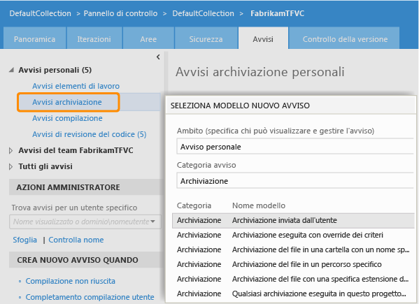 Pagina Avvisi per il progetto team TFVC nel portale Web