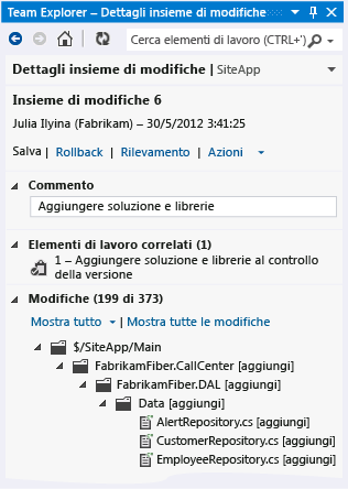 Pagina Dettagli insieme di modifiche