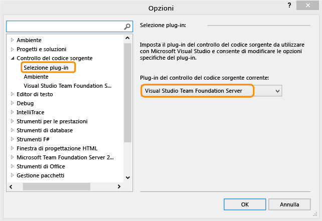 Pagina Selezione plug-in, finestra di dialogo Opzioni