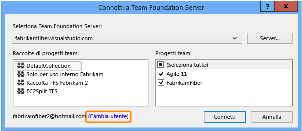 Finestra di dialogo Connetti a Team Foundation Server