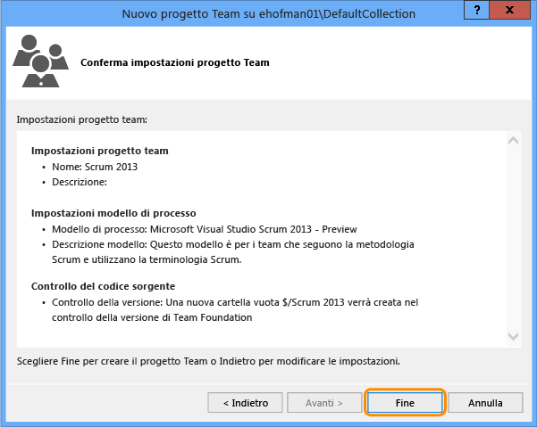 Confirm Team Project Settings page in the New Team Project dialog box