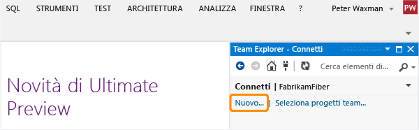 Collegamento per la creazione del nuovo progetto nella pagina Connessione (Team Explorer)