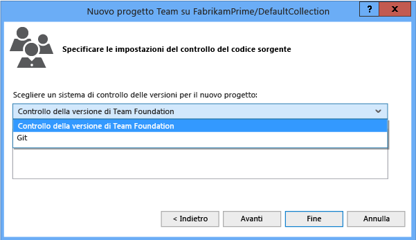 Specify Source Control Settings page in the New Team Project dialog box