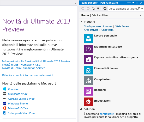 Home page per un progetto team in Team Explorer