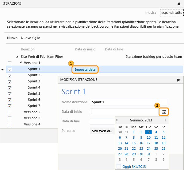 Definire le date di inizio e di fine per uno sprint