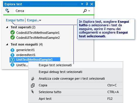 Esplora unit test - esecuzione di test automatici