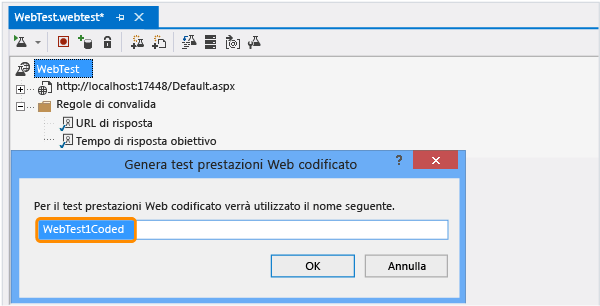 Immettere un nome per il test prestazioni Web codificato