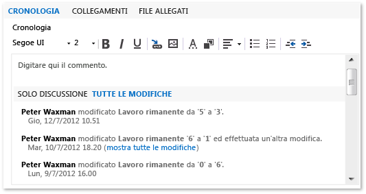 Scheda e campo della cronologia nel form dell'elemento di lavoro.