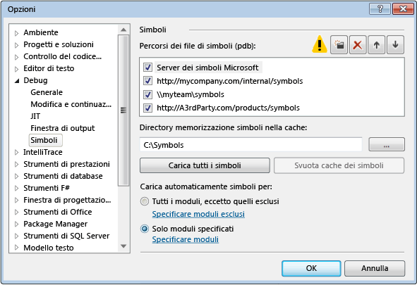 Strumenti - Opzioni - Debug - pagina Simboli