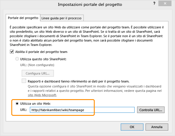 Specificare l'URL per il sito Web del portale del progetto