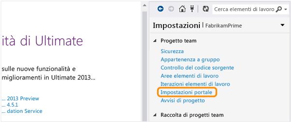 Aprire la pagina Impostazioni portale da Team Explorer