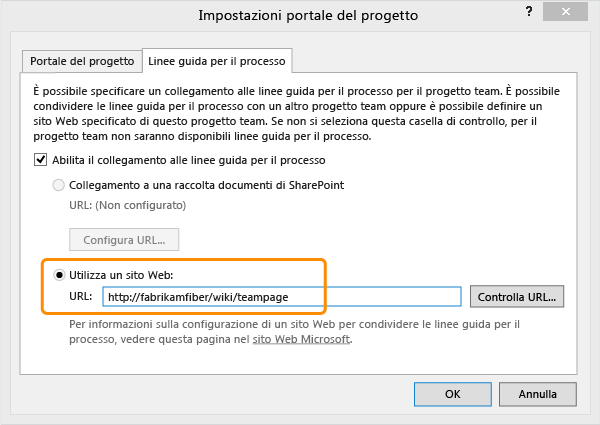 Specificare il sito Web per le linee guida del processo