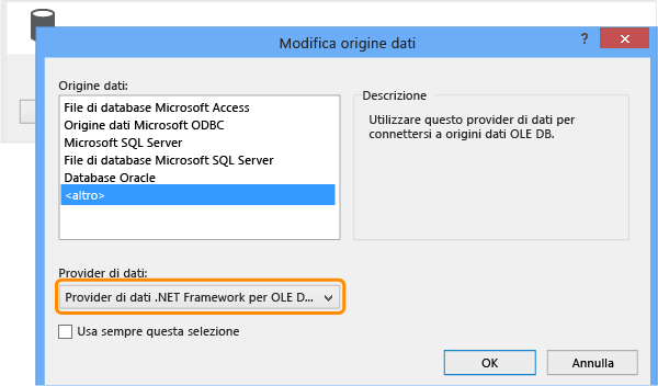 Selezionare il provider di dati OLE DB di .NET Framework