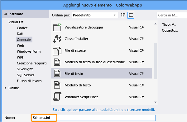 Aggiungere un file schema.ini