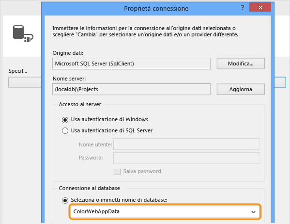 Immettere le proprietà di connessione del database SQL