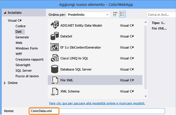 Aggiungere il file ColorData.xml