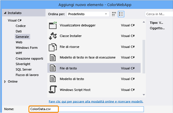 Denominare il nuovo file ColorData.csv