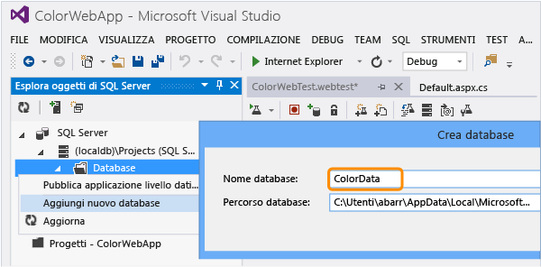 Aggiungere un nuovo database SQL