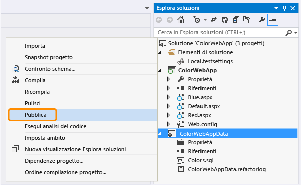 Pubblicare il progetto di database in Esplora soluzioni