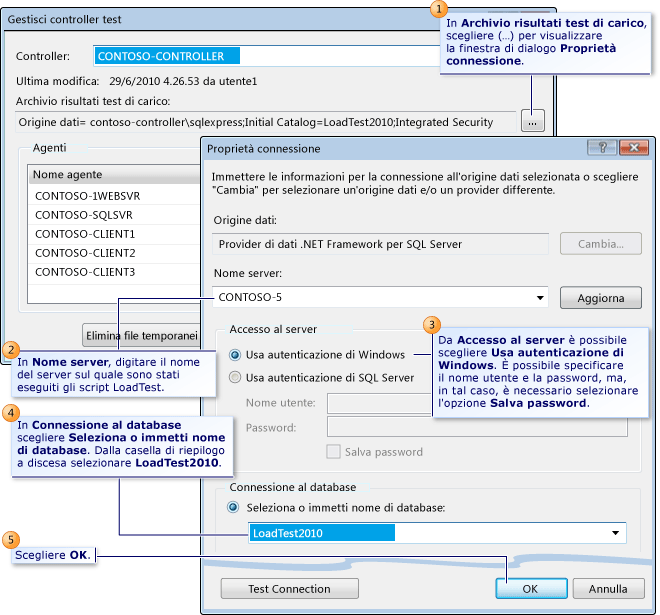Proprietà di connessione nell'archivio dei risultati dei test di carico