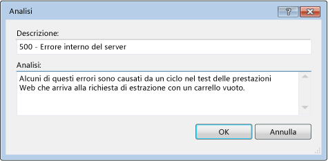 Finestra di dialogo di analisi per l'aggiunta di note per il test di carico