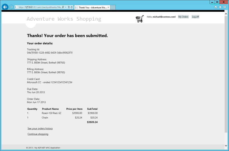 Figure 8 - The confirmation page showing the details of an order