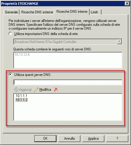 Ricerche DNS interno impostate per utilizzare un server DNS