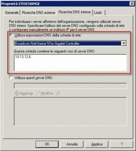 Ricerche DNS interno impostate per utilizzare l'adattatore di rete