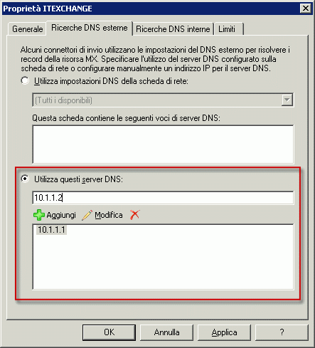 Ricerche DNS esterno impostate per utilizzare server specifici