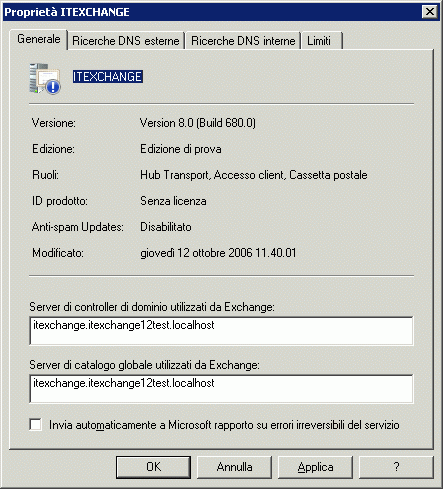 Scheda Proprietà generali del server di trasporto