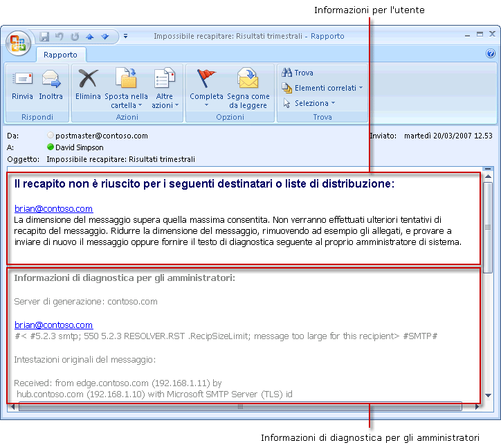 Rapporto di mancato recapito indicante informazioni di diagnostica dell'amministratore e dell'utente