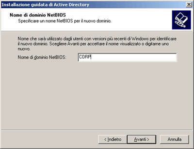 Installazione Active Directory, nome di dominio NetBIOS