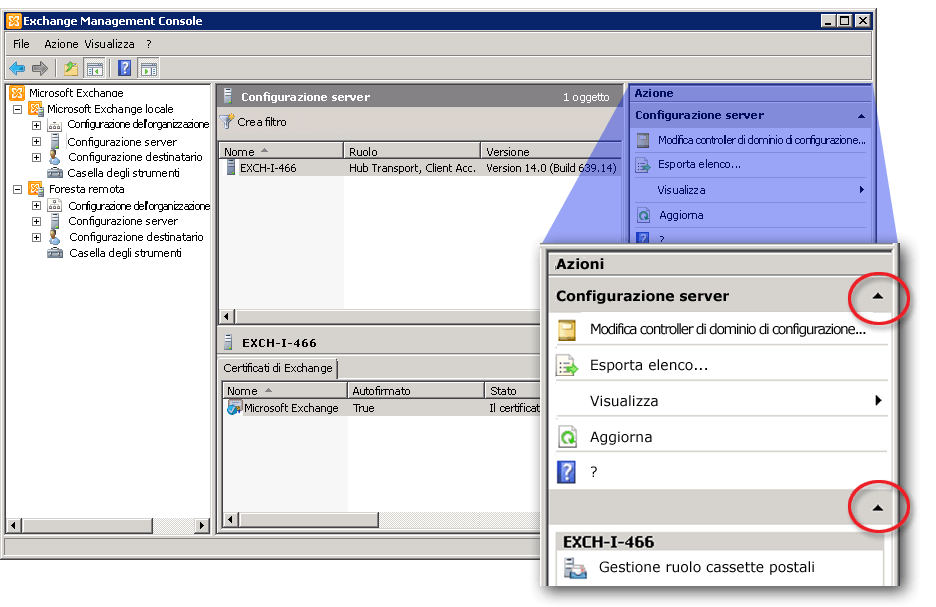 Riquadro Azioni di Exchange Management Console