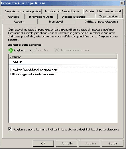 Pagina delle proprietà dei criteri degli indirizzi posta elettronica