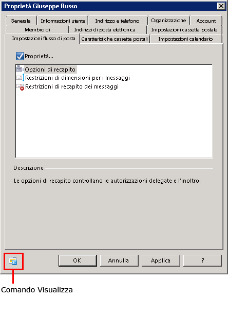 Casella delle proprietà con l'icona "Visualizza comando" evidenziata