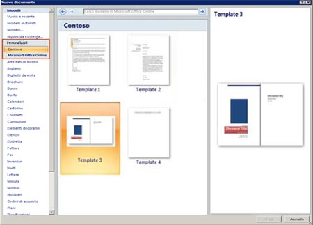 Finestra di dialogo Nuovo documento con modelli personalizzati