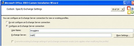 Configurazione di un account di Exchange nell'Installazione personalizzata di Office 2003