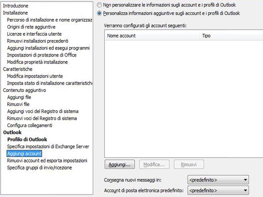 Sezione Aggiungi account di Strumento di personalizzazione di Office