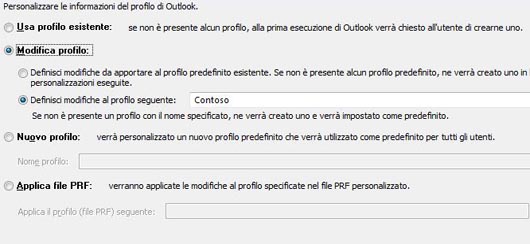 Impostazioni di Strumento di personalizzazione di Office per modificare un profilo specifico di Outlook