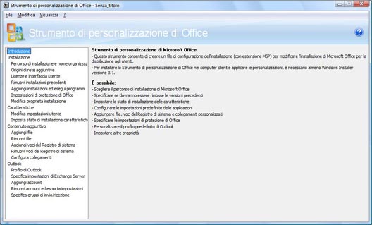 Pagina iniziale di Strumento di personalizzazione di Office