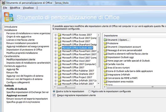 Impostazioni di Outlook in Modifica impostazioni utente