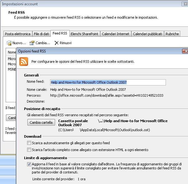 Opzioni per feed RSS in Outlook 2007