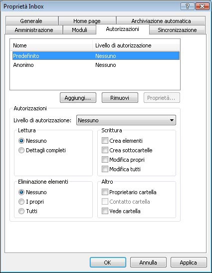 Scheda Autorizzazioni in Proprietà Posta in arrivo
