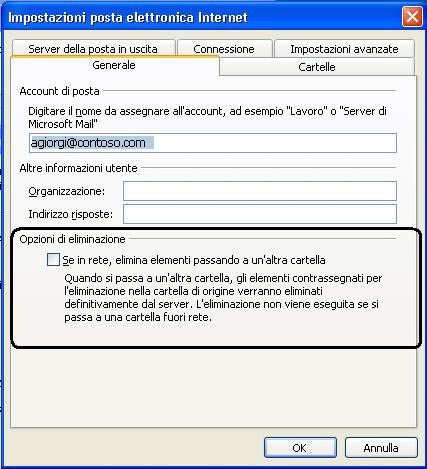 Opzione Elimina in Impostazioni posta elettronica Internet