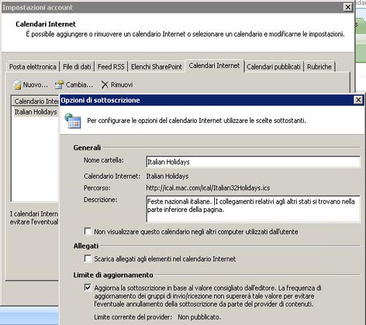 Opzioni di sottoscrizione per un calendario Internet